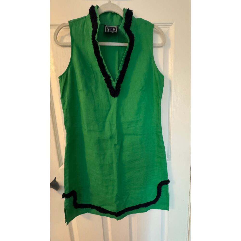 Sail to Sable Green Sleeveless Dress with Navy Blue Fringe Trim. Size M EUC